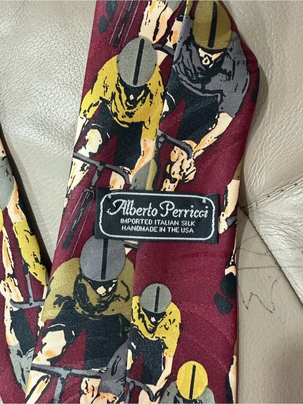 Alberto Perrucci Imported Italian Silk Cycling Novelty Tie  USA Cyclist Print